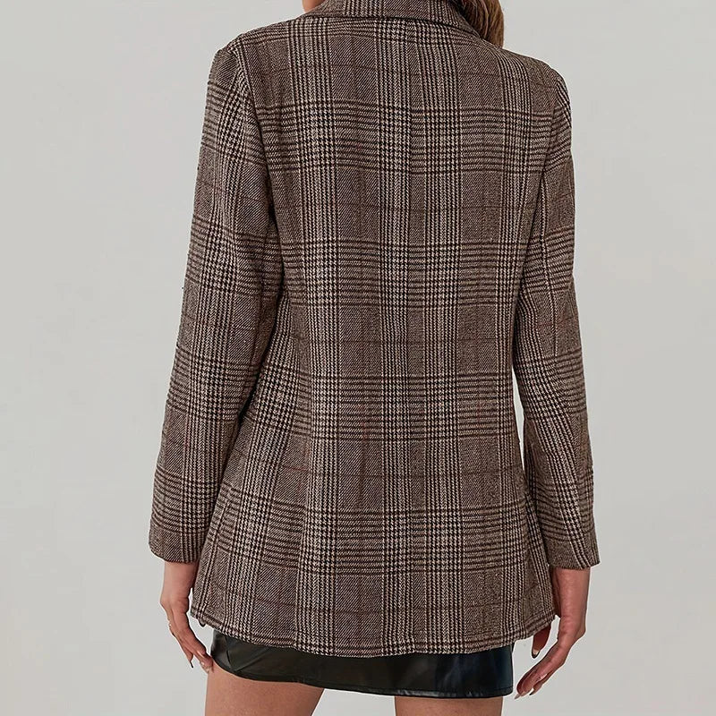 Veste blazer vintage à carreaux, boutonnée, col à revers, manches longues, poches, coupe ajustée, style bureau, tenue de travail, chaude, manteau quotidien.