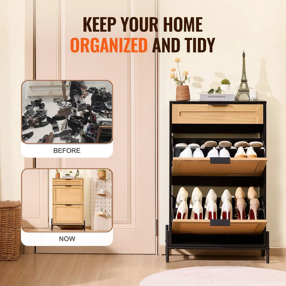 Rattan 2-Flap Shoe Cabinet — Slim Entryway Organizer