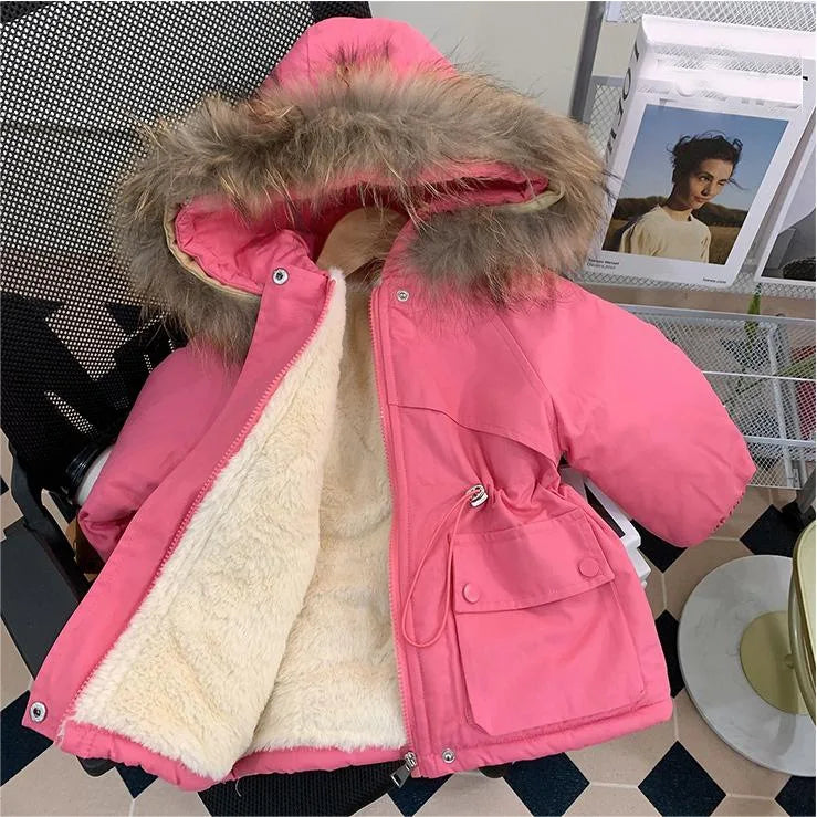 Girls' Velvet Winter Parka – Thickened, Cotton-Padded