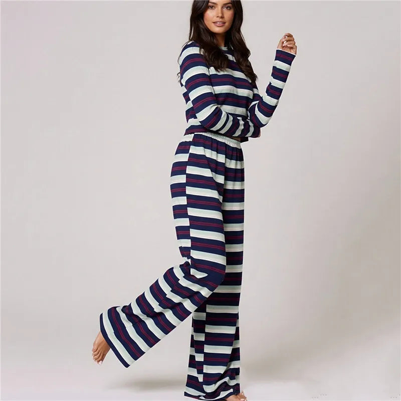 Ensemble pyjama 2 pièces pour femme, tenue d'intérieur, haut à rayures à col rond et manches longues avec pantalon ample, ensemble de nuit