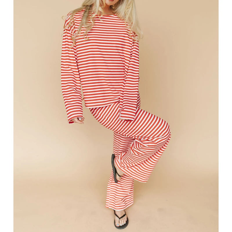 Ensemble de pyjama 2 pièces pour femme Combhasaki, composé d'un haut à manches longues rayé et d'un pantalon large, tenue de détente et de nuit