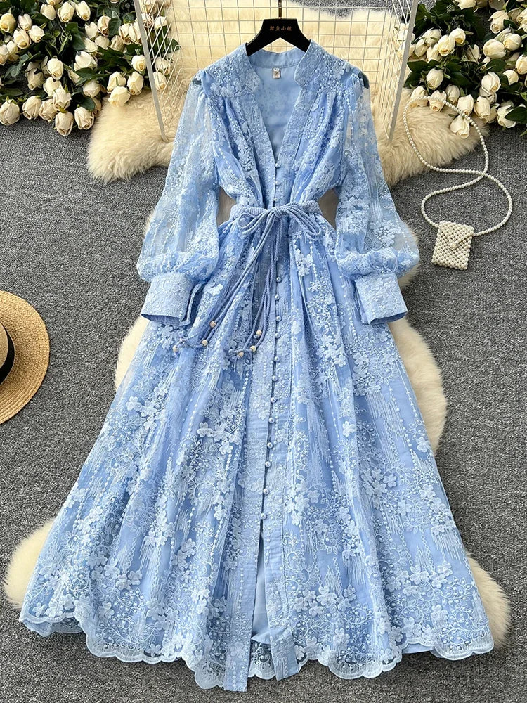 Women's Lace Embroidery Dress – V-Neck, Lantern Sleeve