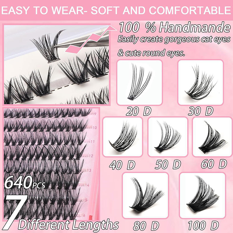 Lash Cluster Kit, 640 stuks, 9-16mm D-krul