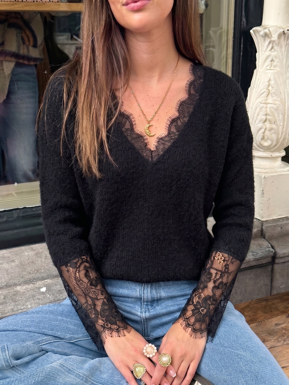 Haut en tricot à col en V avec empiècement en dentelle française pour femme