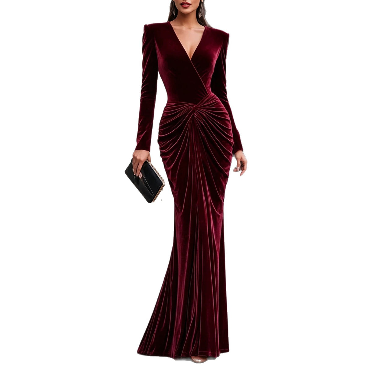 Velvet Wrap Fishtail Evening Gown, Long Sleeve