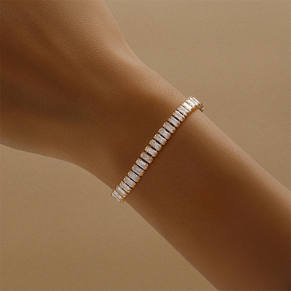 Classic -style Brass Square Bracelet with Diamond-studded Chain