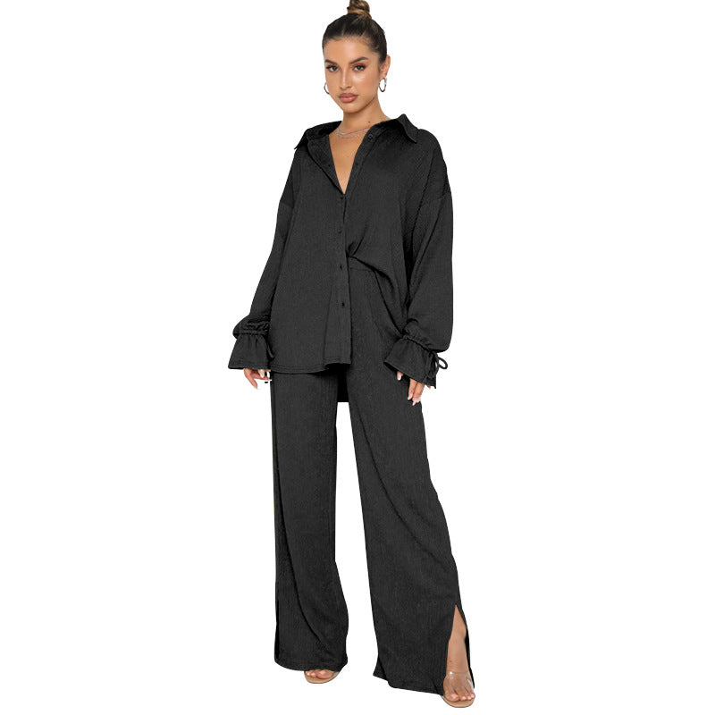 Women's Polo Collar Two-Piece Suit, Top and Trousers