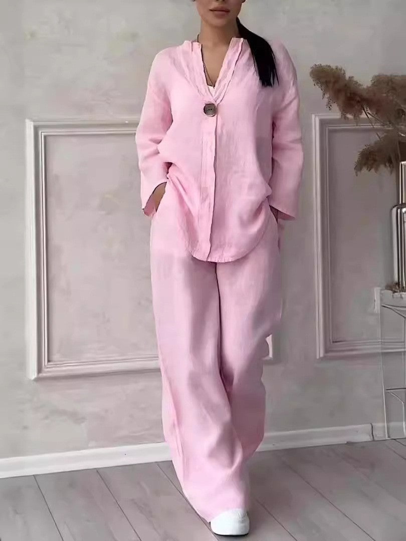 Women's Cotton-Linen Two-Piece Set, Loose Top and Wide Leg Pants