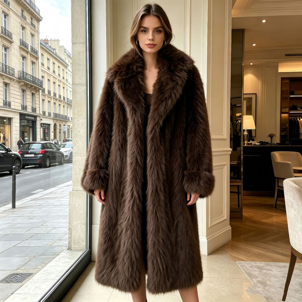 Women's Long Winter Coat with Notch Lapel