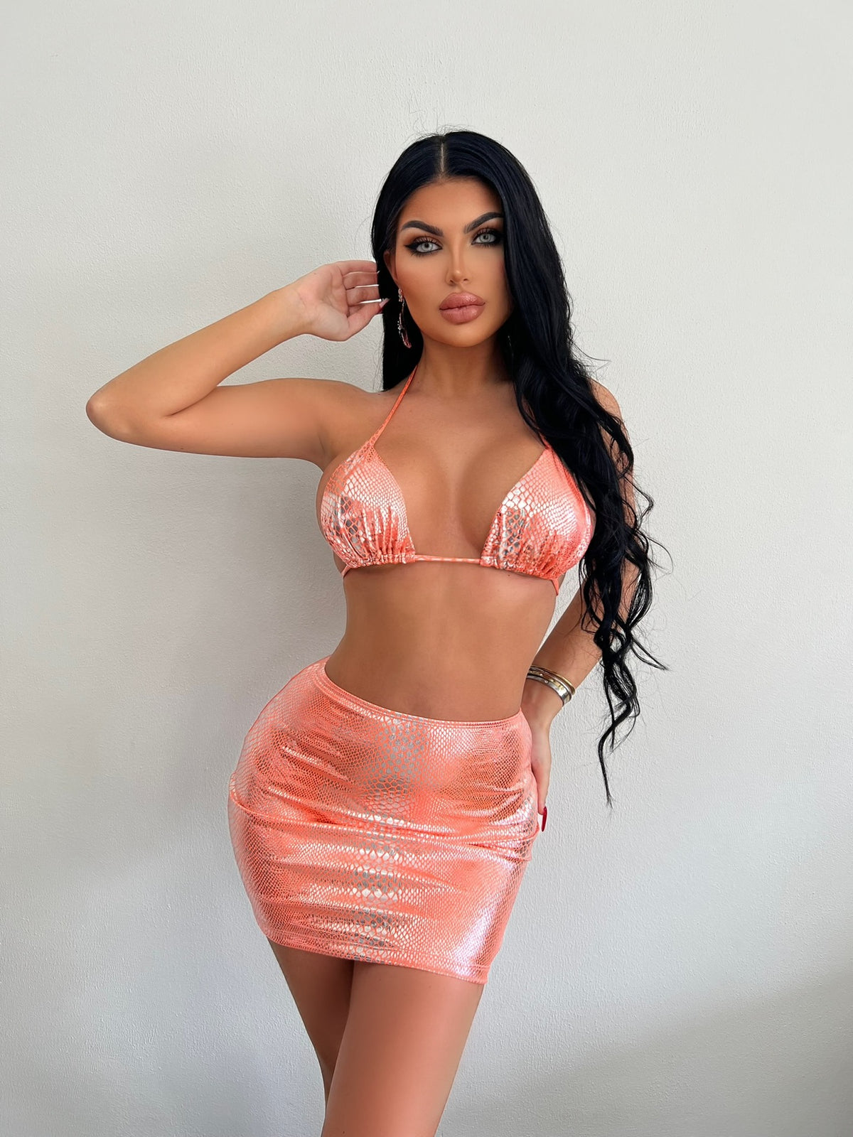 Snake-Print Bikini Set with Cover-Up Skirt