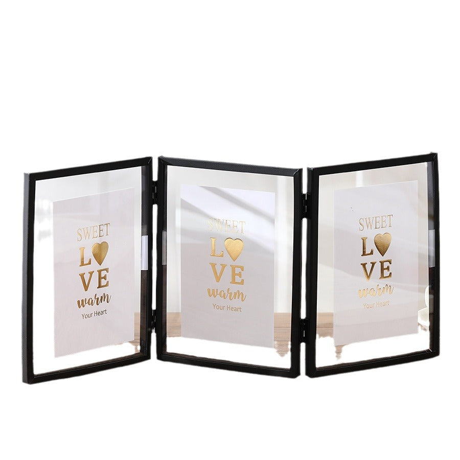 Foldable Triple Photo Frame, Gold and Black