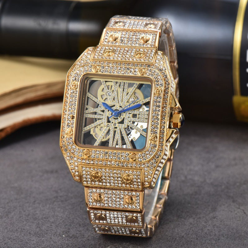 Men's Square Stone-Set Quartz Watch, Steel Band