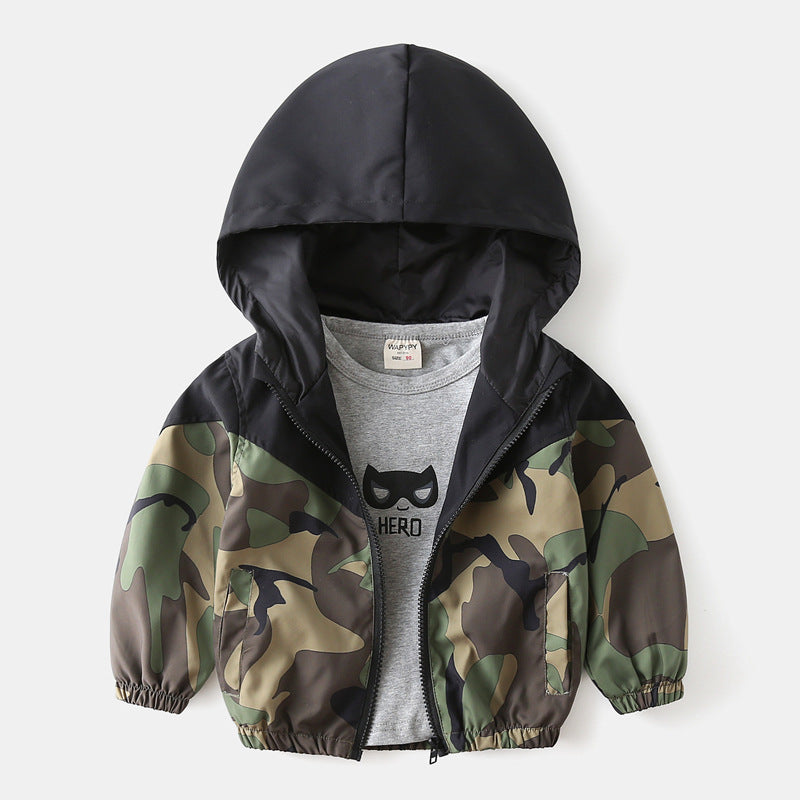 Giacca con cappuccio camouflage da bambino, cappotto primaverile leggero