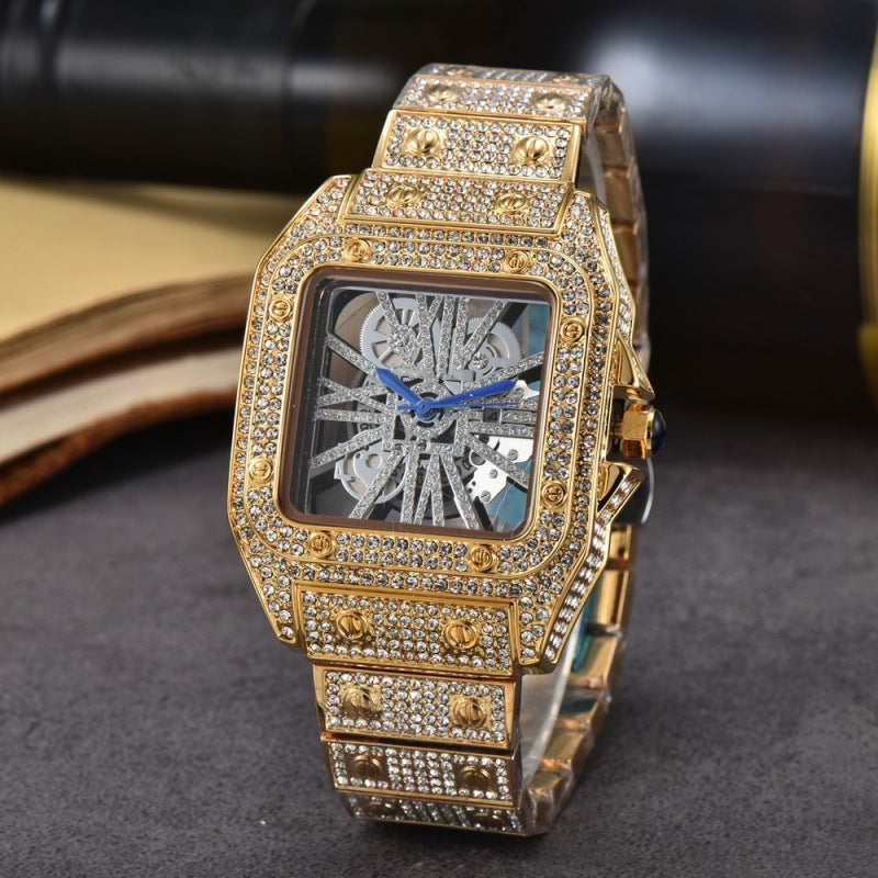 Men's Square Stone-Set Quartz Watch, Steel Band