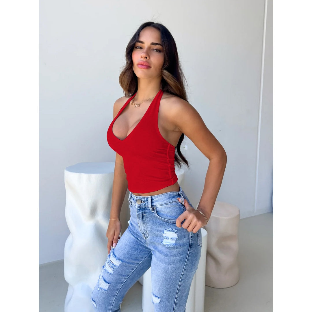 Top corto con scollo a V e schiena scoperta