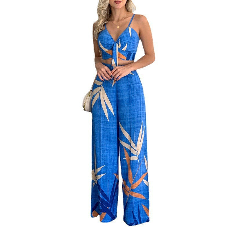 Printed V-Neck Vest and Wide-Leg Pants Set