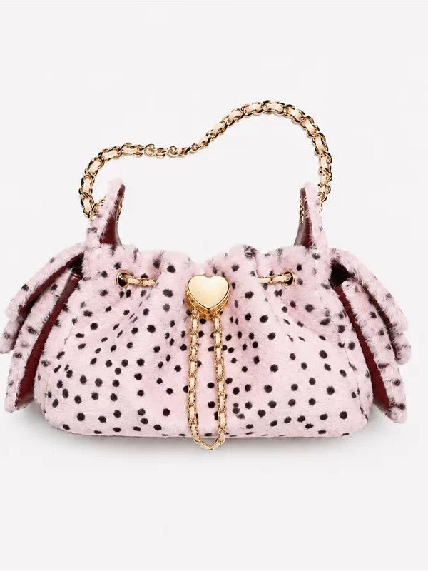 Sac seau en peluche à pois avec cordon de serrage et bandoulière à chaîne