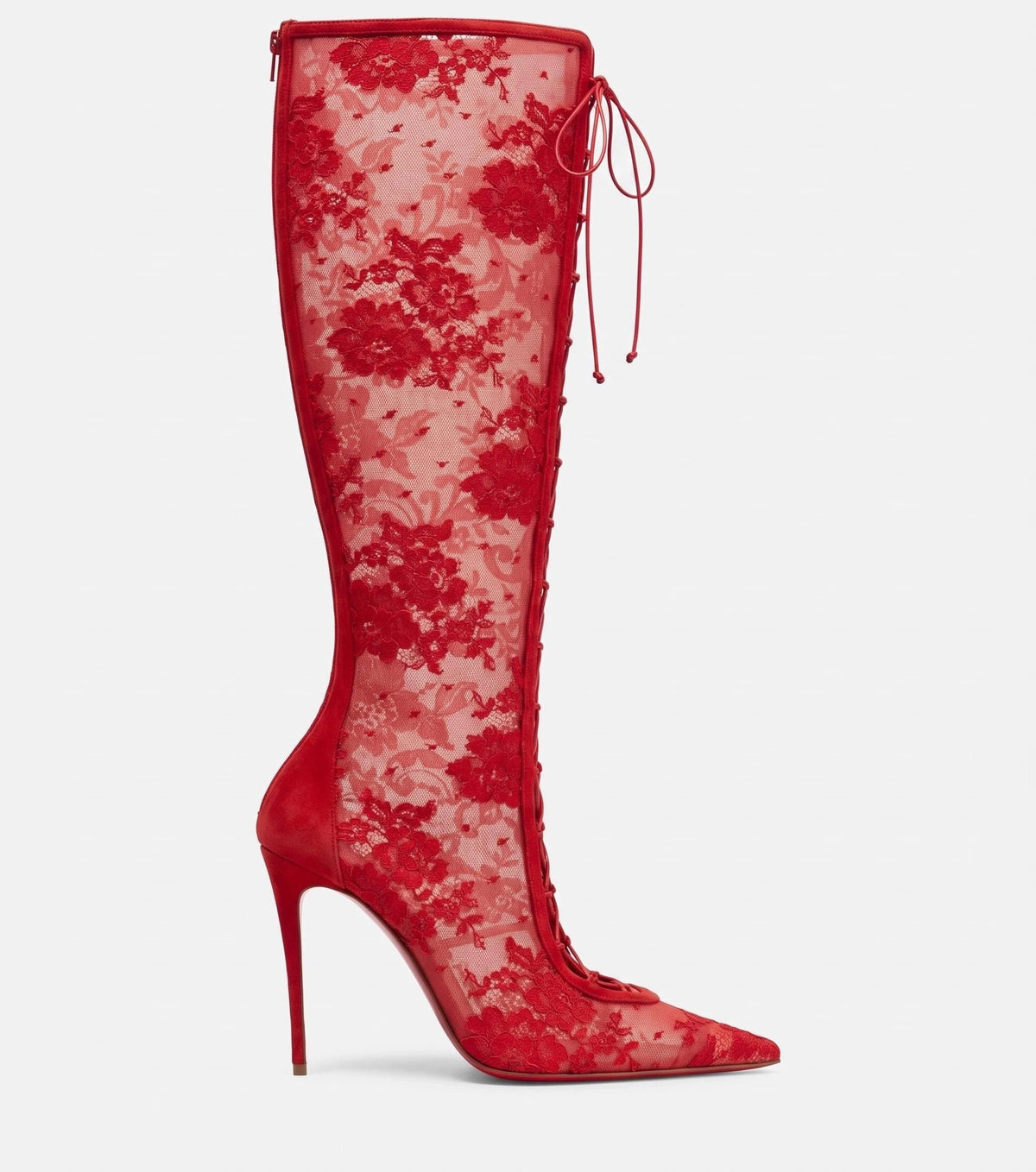 Botas de salto agulha em renda acima do joelho para mulher