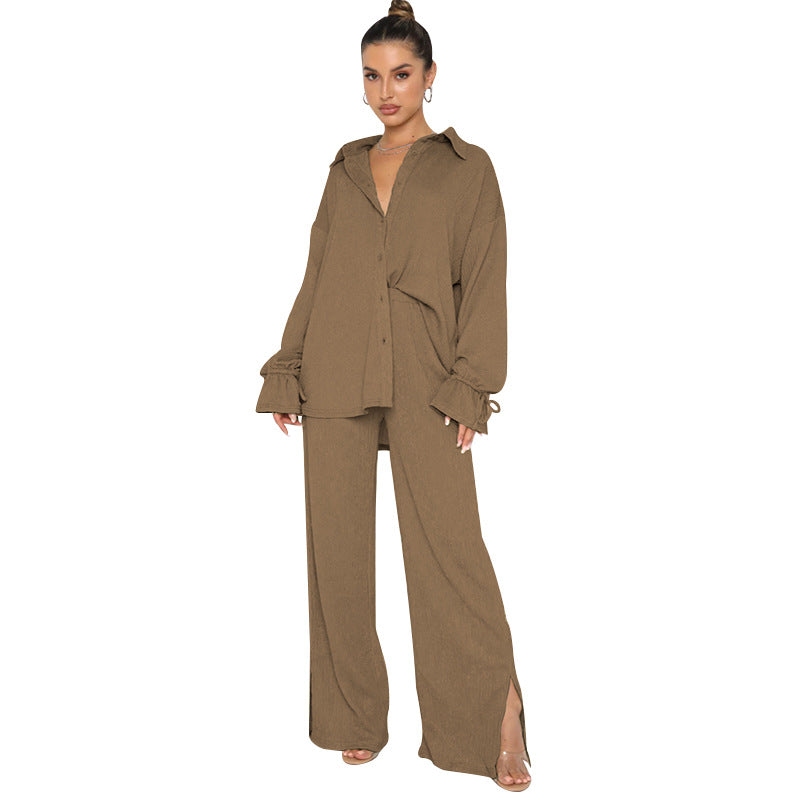 Women's Polo Collar Two-Piece Suit, Top and Trousers