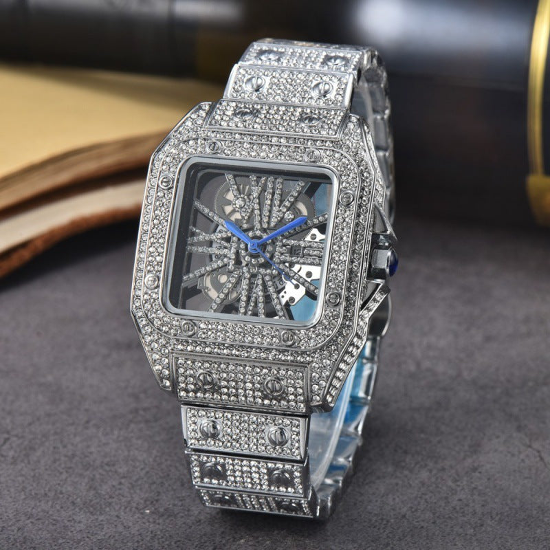 Men's Square Stone-Set Quartz Watch, Steel Band