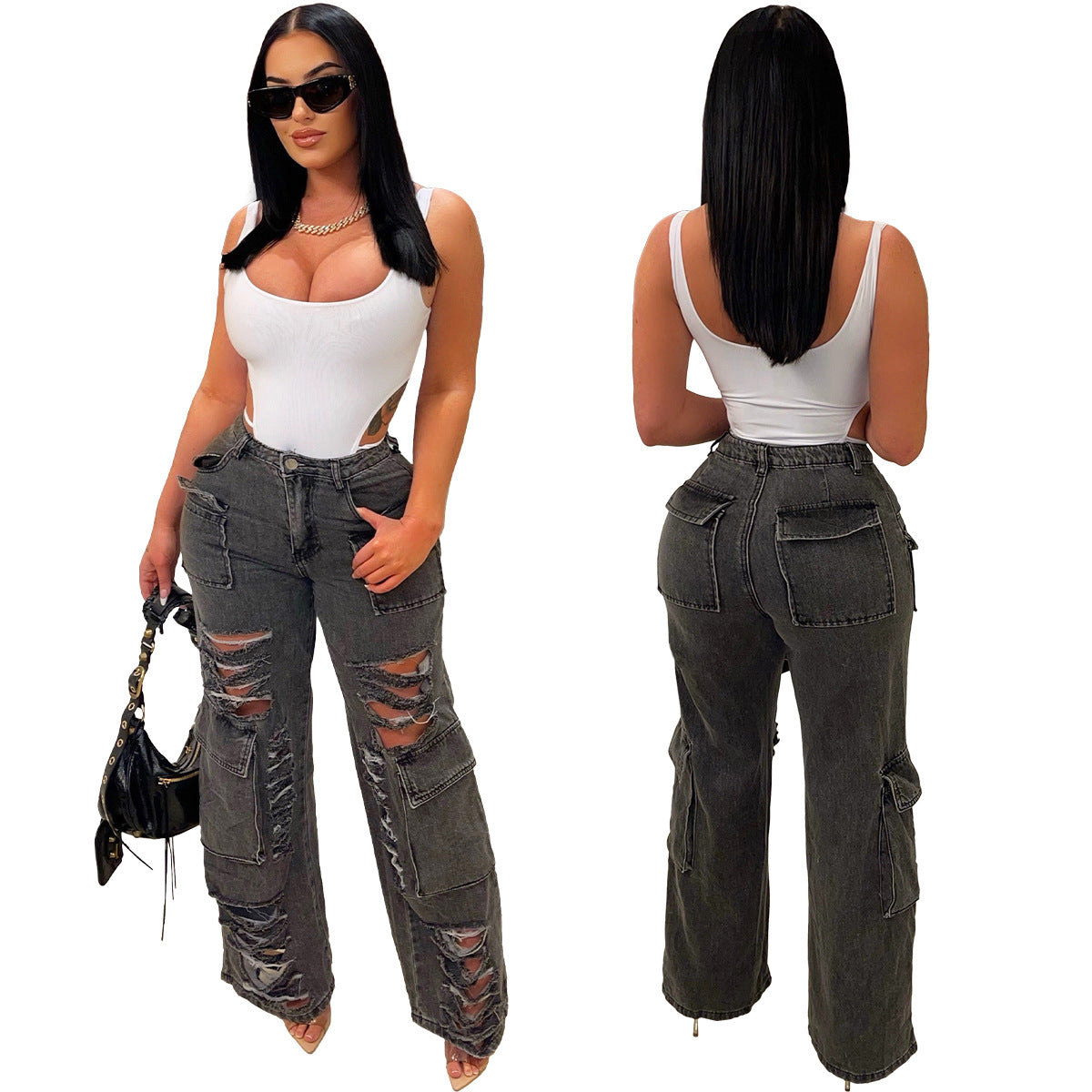 Zerrissene Cargo-Jeans mit weitem Bein, verwaschenes Dunkelgrau