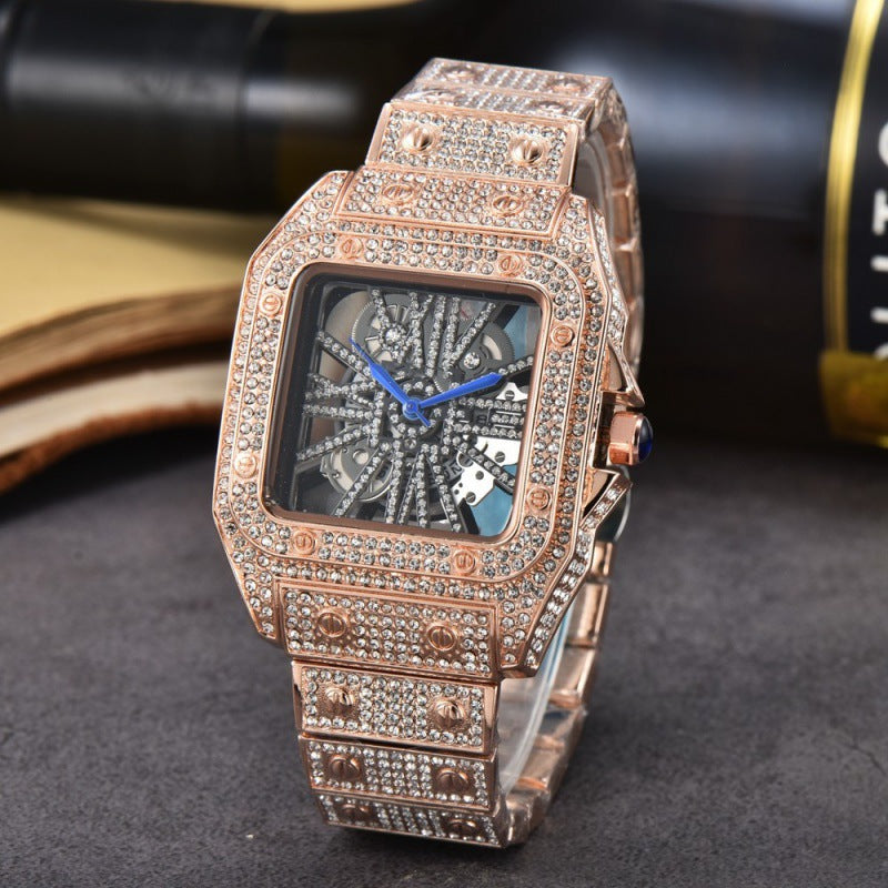 Men's Square Stone-Set Quartz Watch, Steel Band