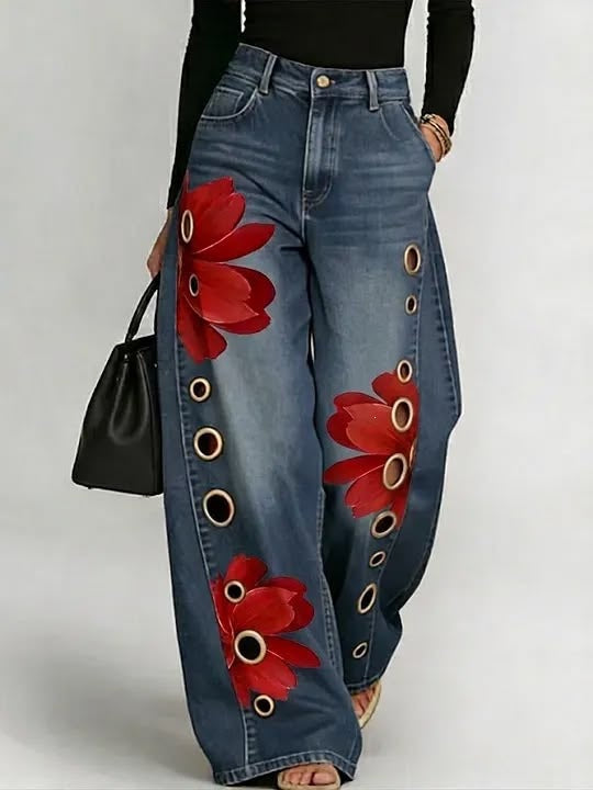 Damesjeans met print en wijde pasvorm
