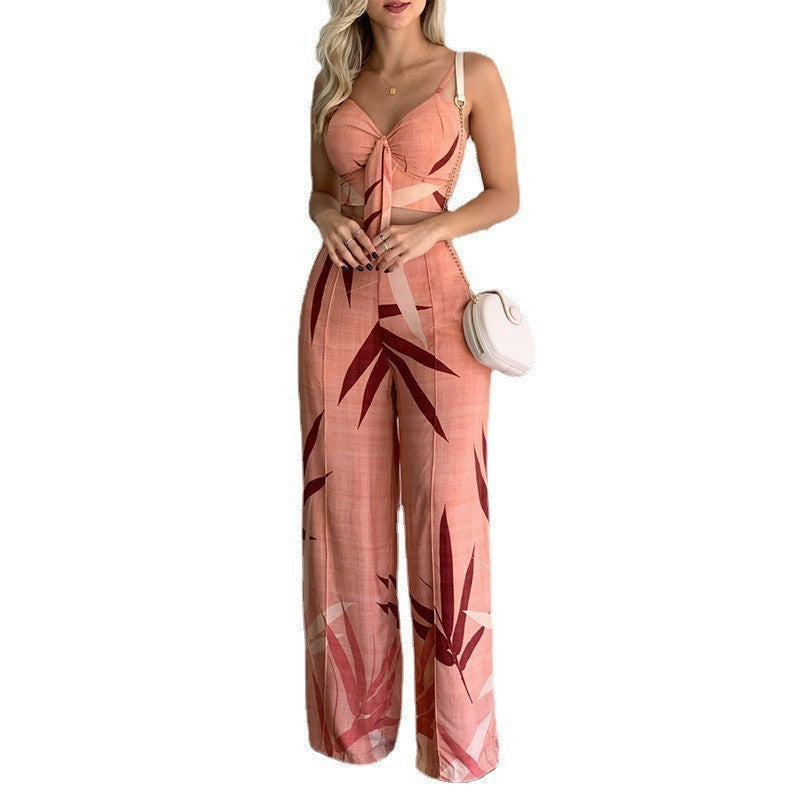 Printed V-Neck Vest and Wide-Leg Pants Set