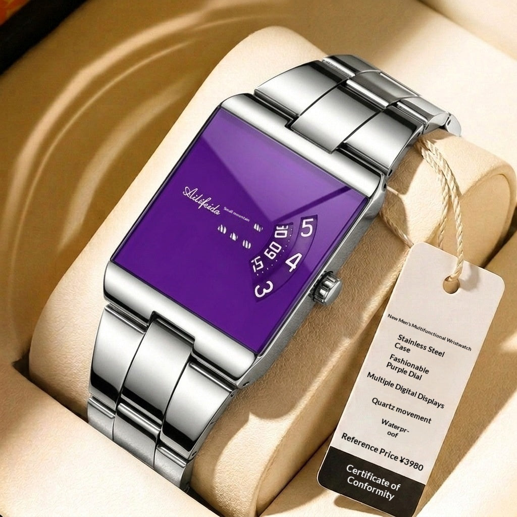 Herrenuhr mit quadratischem Quarzwerk, wasserdichtes Stahlarmband