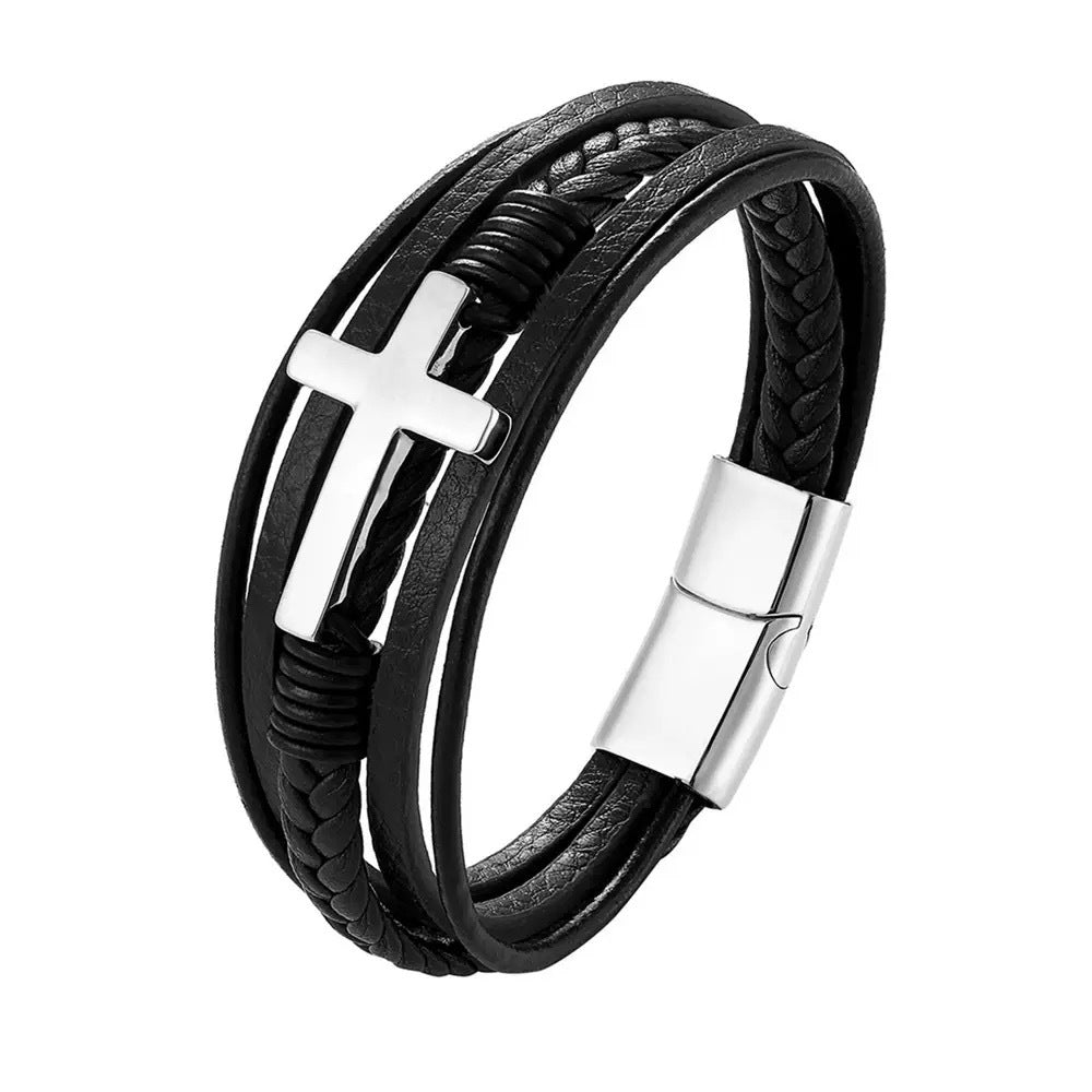 Leather Cross Bracelet for Men, Magnetic Clasp