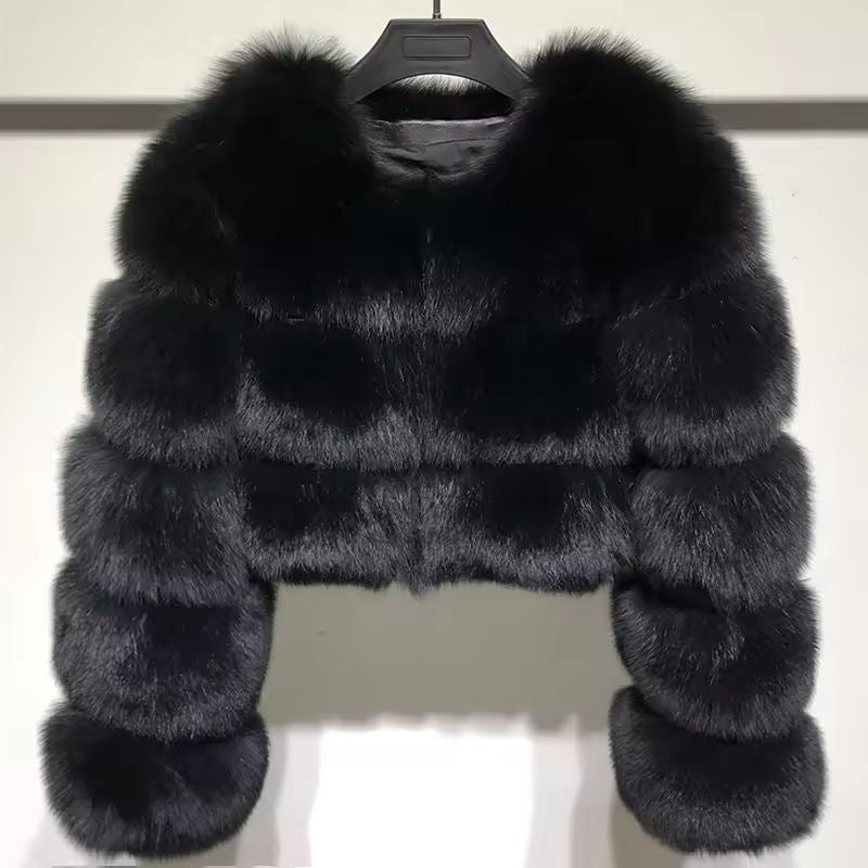 Giacca corta in pelliccia sintetica di volpe, cappotto soffice