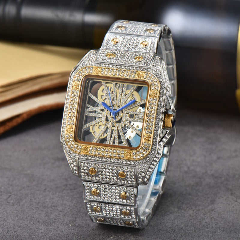 Men's Square Stone-Set Quartz Watch, Steel Band