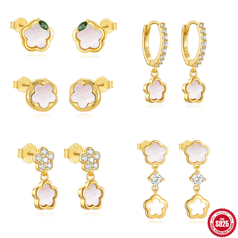 S925 Sterling Silver Luxurious Diamond-studded White Shell Flower Earrings for Women Every