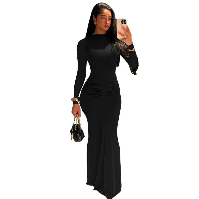 Long-Sleeve Pleated High-Waist Dress