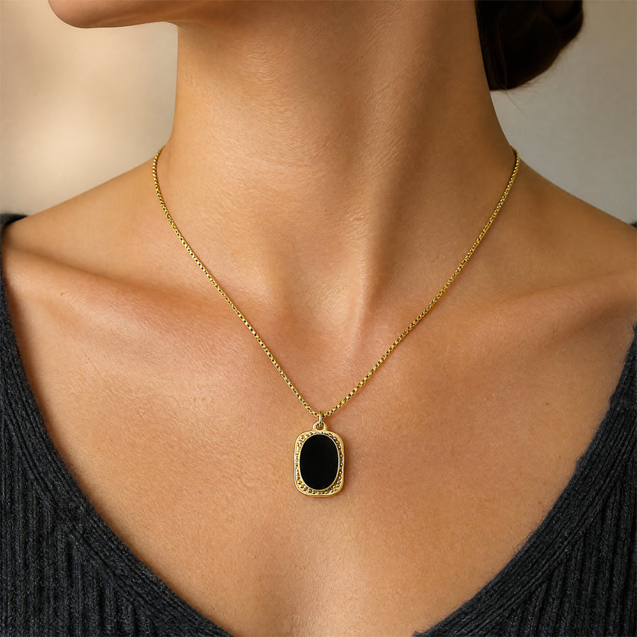 18K Gold Plated Stainless Steel Rectangle Tag Pendant Necklace for Women, Vintage Black On