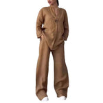 Women's Cotton-Linen Two-Piece Set, Loose Top and Wide Leg Pants