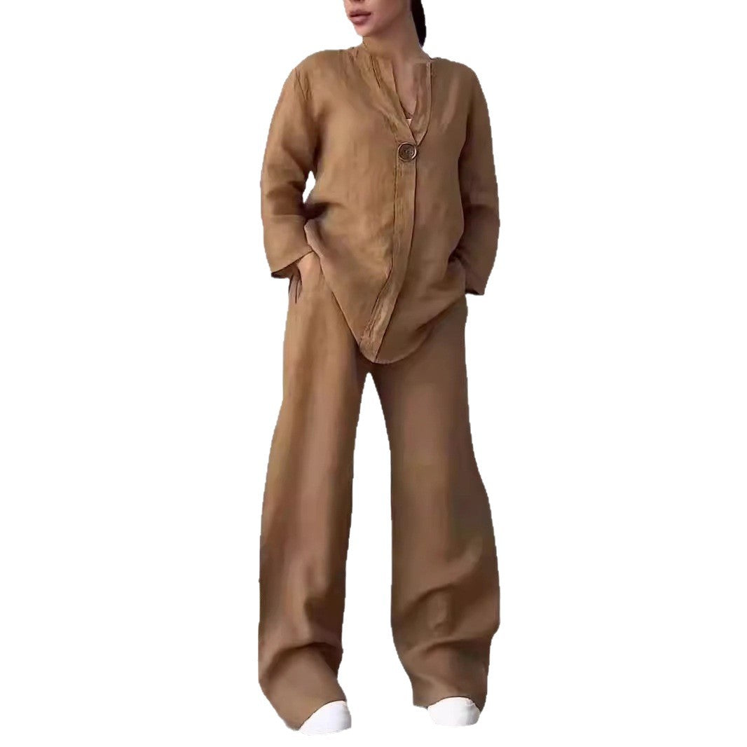 Women's Cotton-Linen Two-Piece Set, Loose Top and Wide Leg Pants