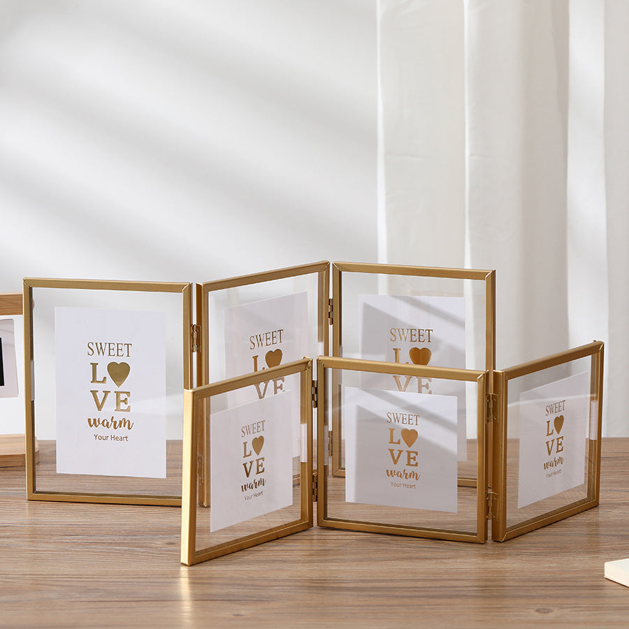 Foldable Triple Photo Frame, Gold and Black