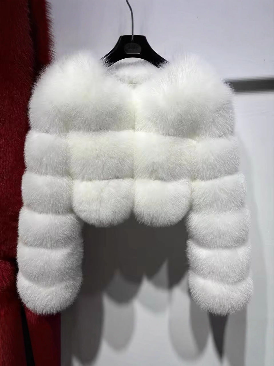 Giacca corta in pelliccia sintetica di volpe, cappotto soffice