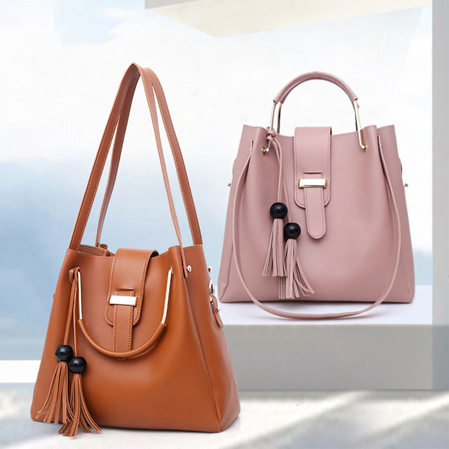Women 3Pcs Or Set Handbags PU Leather Shoulder Bags Casual Tote Bag Tassel Metal Handle De
