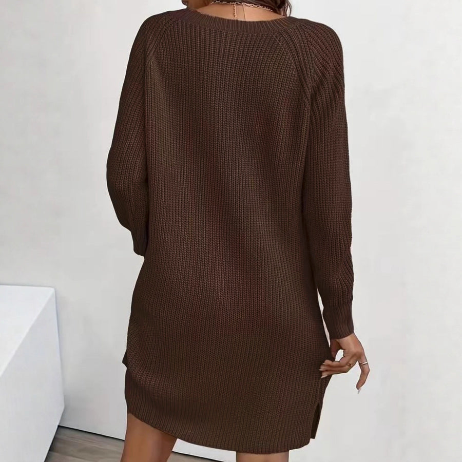 V-Neck Slit Knit Sweater Dress
