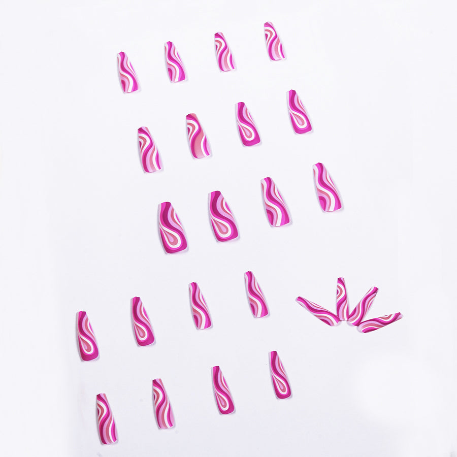 Roze Swirl Press-On Nagels, Lange Coffin, 24-delige set