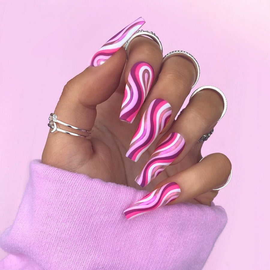 Roze Swirl Press-On Nagels, Lange Coffin, 24-delige set