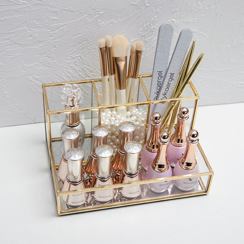 Glazen make-up organizer met goudkleurig frame