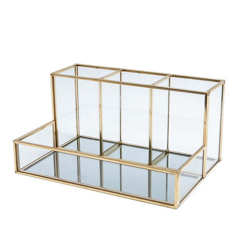 Glazen make-up organizer met goudkleurig frame