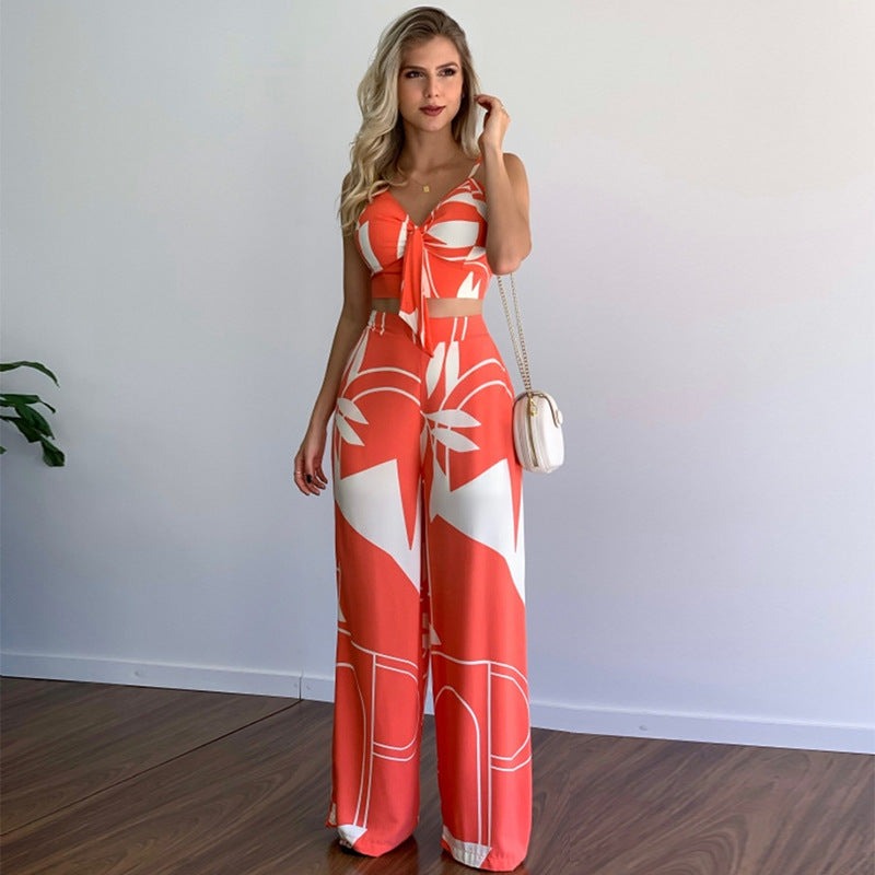 Printed V-Neck Vest and Wide-Leg Pants Set