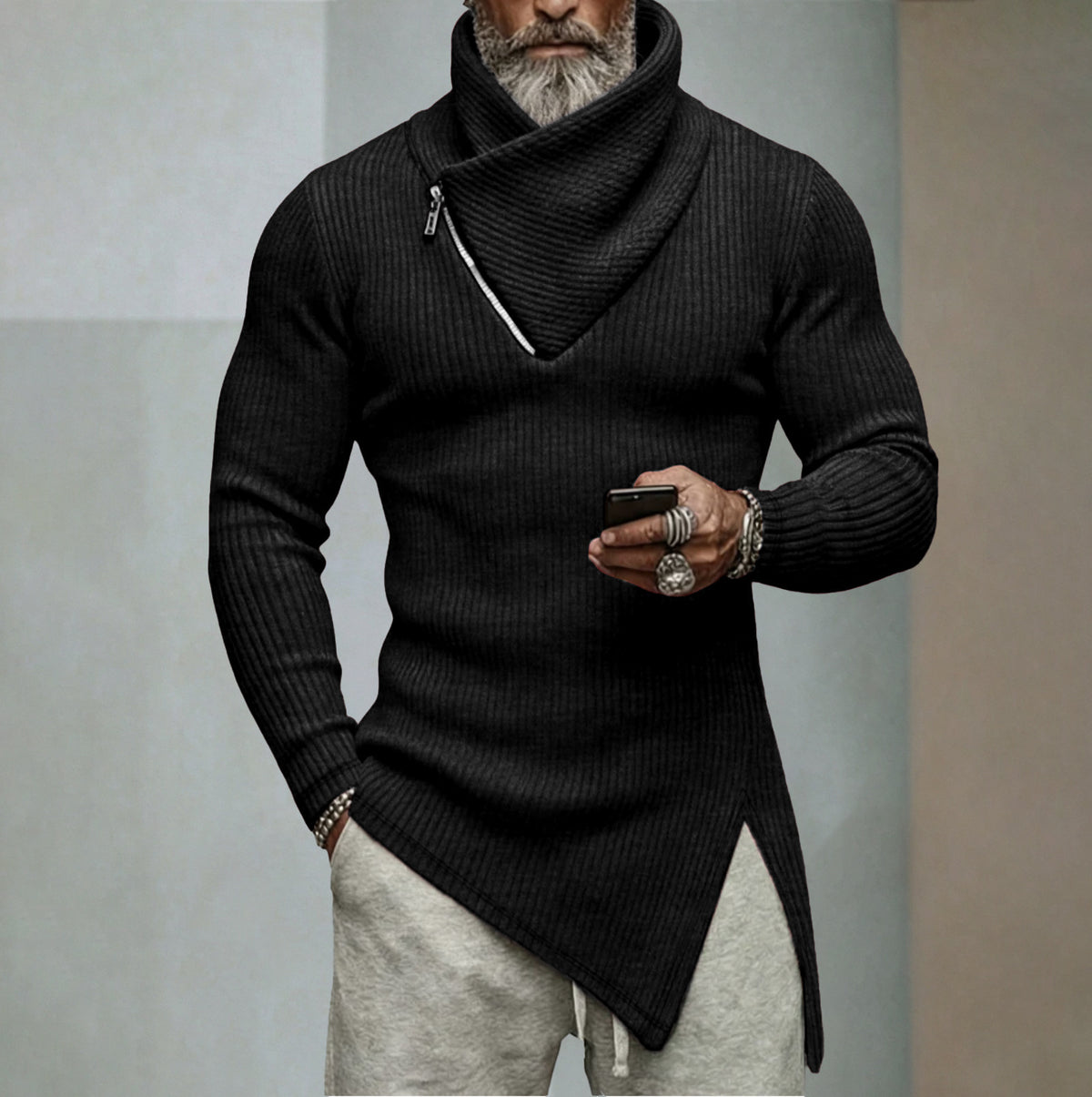 T-shirt en tricot uni à manches longues pour homme
