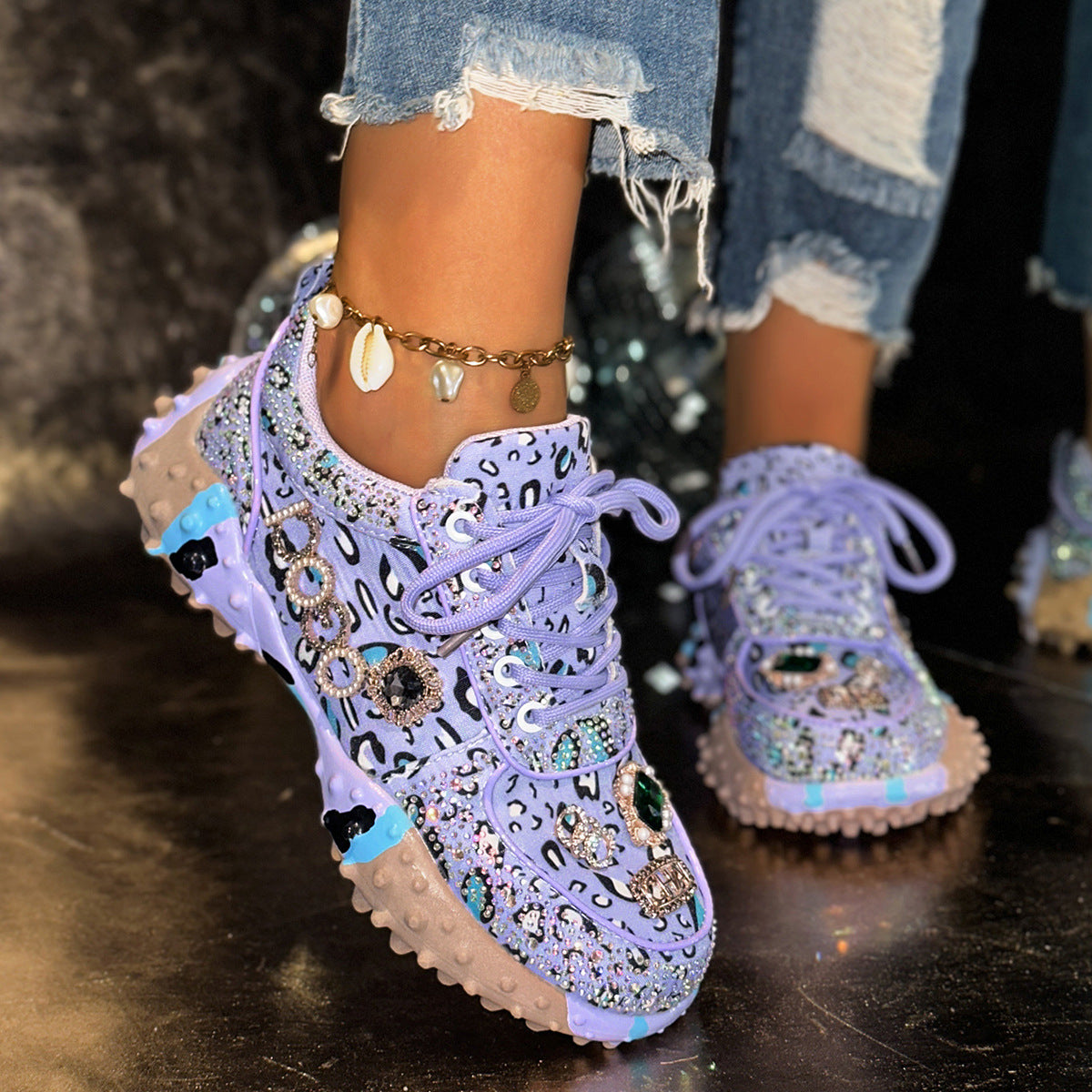 Damen-Dad-Sneaker aus Denim mit Strasssteinen