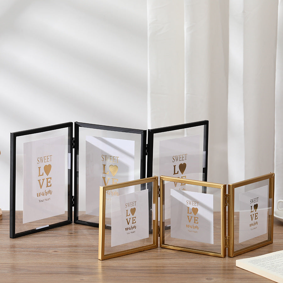 Foldable Triple Photo Frame, Gold and Black