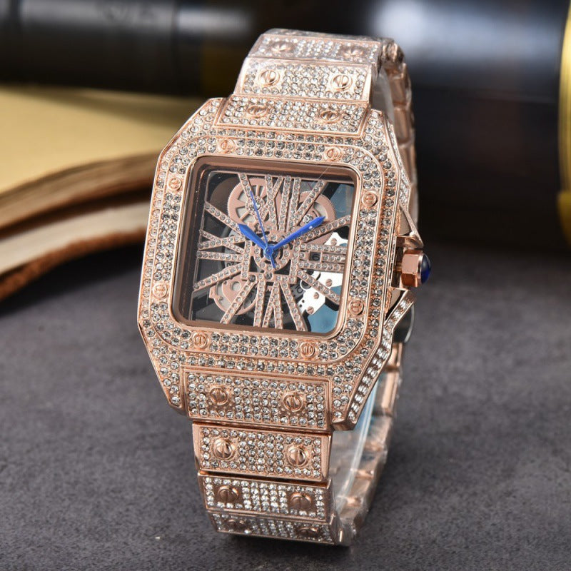 Men's Square Stone-Set Quartz Watch, Steel Band